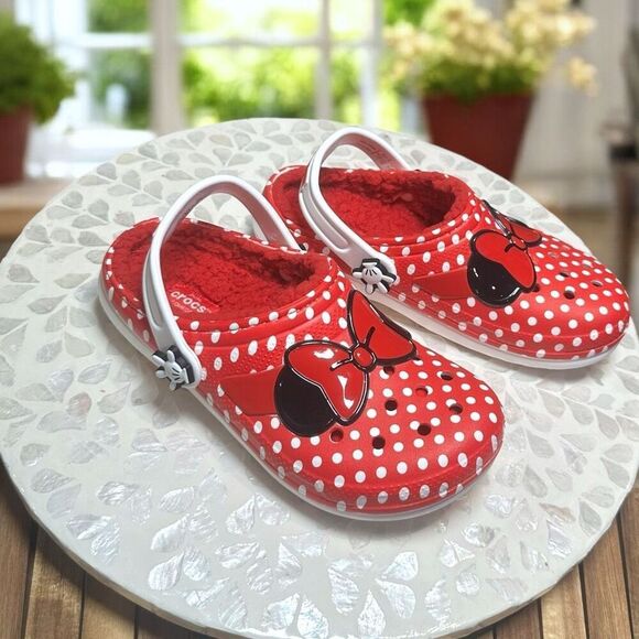 Crocs Kids Minnie Mouse Lined Classic Clog Red Polka Dot Cozy Disney Parks Size - Picture 2 of 12